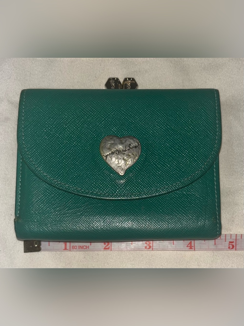 Authentic Yves Saint Laurent Teal Textured Leather Wallet with Heart Emblem
